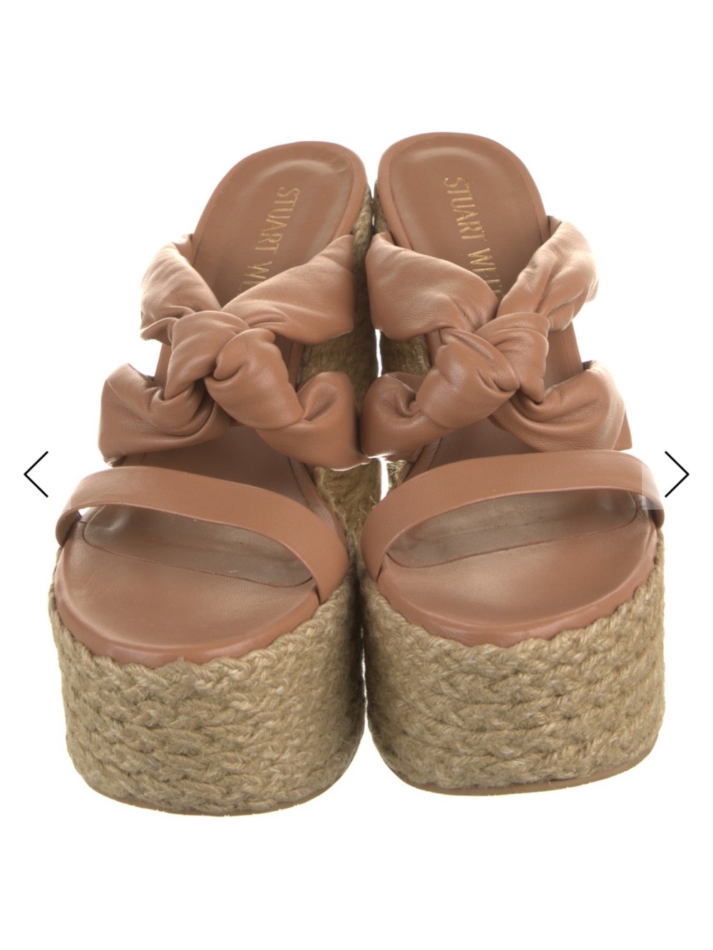 Stuart Weitzman Tan Knotted Leather Espadrille Platform Slides
